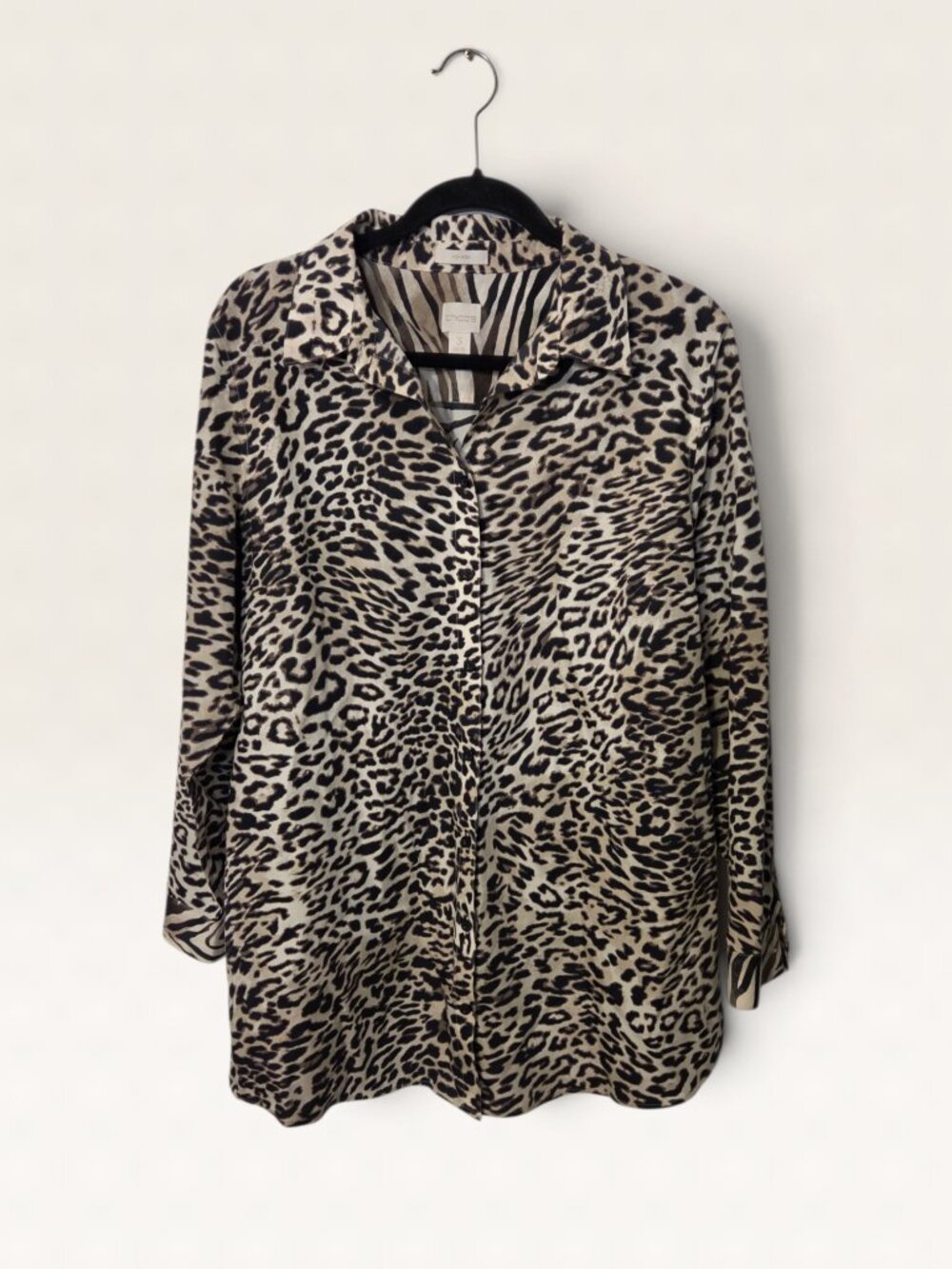 Chico's No Iron Animal Print Button Down Tunic Shirt Size 3 XL Leopard Zebra